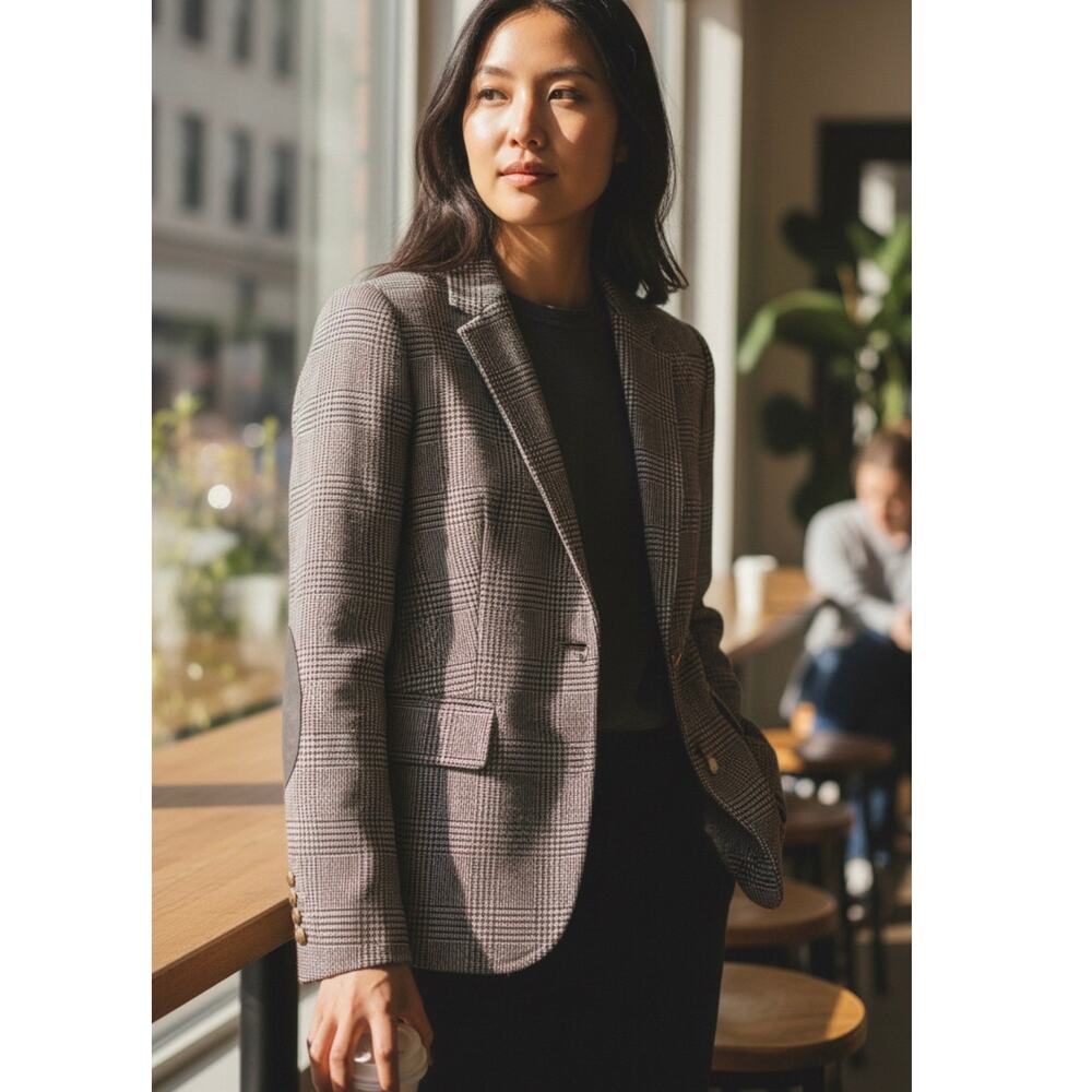 J. Crew Plaid Houndstooth Elbow Patch Wool Blazer Brown‎ & Cream Size 6
